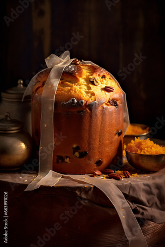 Sweet panettone of the Italian tradition typical of the Christmas holidays, on a background illuminated by lights and blurred, Christmas atmosphere