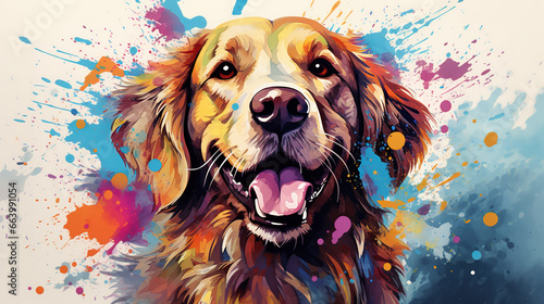 Adorable golden retriever dog in mixed grunge color illustration.