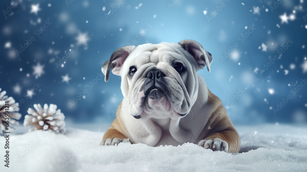 Cool looking bulldog dog  isolated on snowing background. Christmas theme.