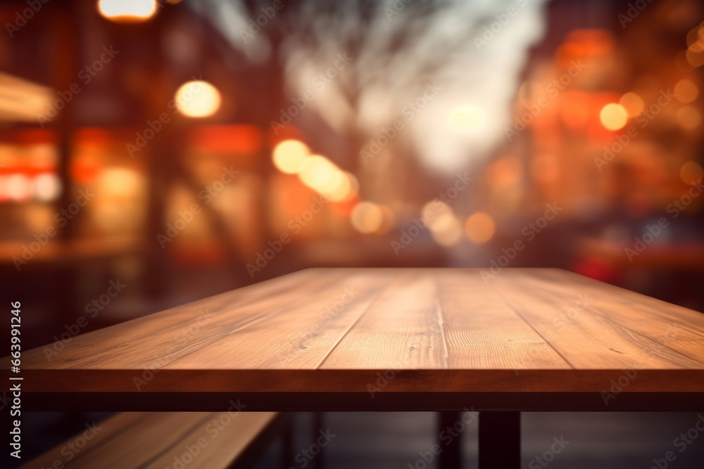 Warm toned wooden table against blurred city lights, an inviting display space with an urban evening ambiance. Warm toned wooden table against blurred city lights, an inviting display space with an urban evening ambiance.