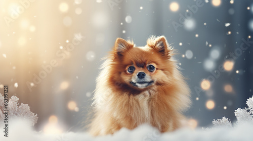 Cool looking pomeranian dog  isolated on snowing background. Christmas theme. © Tepsarit