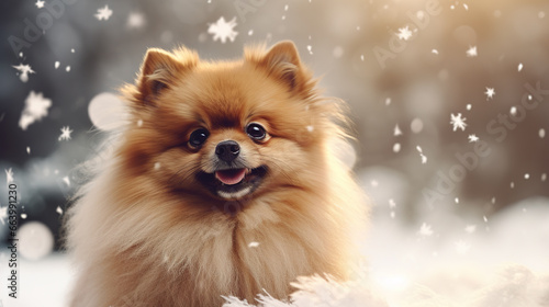 Cool looking pomeranian dog  isolated on snowing background. Christmas theme. © Tepsarit