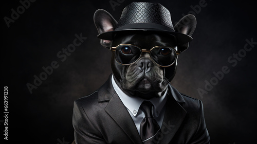 Cool looking french bulldog dog wearing suit, tie and sunglasses isolated on dark background with copyspace for text. Digital illustration generative AI. © Tepsarit