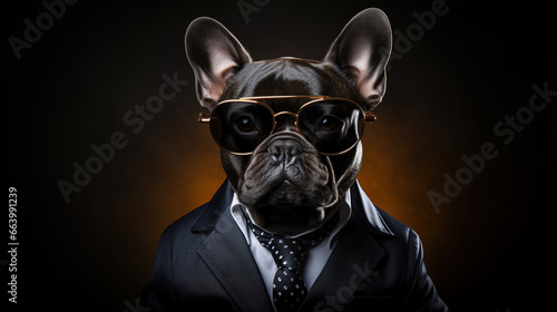 Cool looking french bulldog dog wearing suit, tie and sunglasses isolated on dark background with copyspace for text. Digital illustration generative AI.