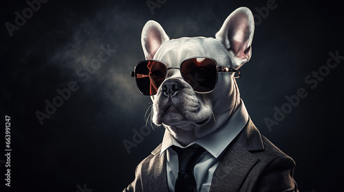 Cool looking french bulldog dog wearing suit, tie and sunglasses isolated on dark background with copyspace for text. Digital illustration generative AI.