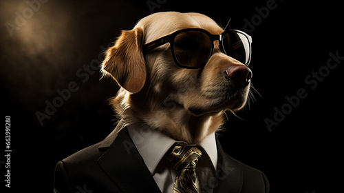 Cool looking golden retriever dog wearing suit, tie and sunglasses isolated on dark background with copyspace for text. Digital illustration generative AI.