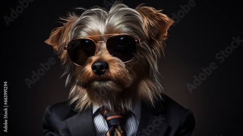 Cool looking yorkshire terrier dog wearing suit, tie and sunglasses isolated on dark background with copyspace for text. Digital illustration generative AI.