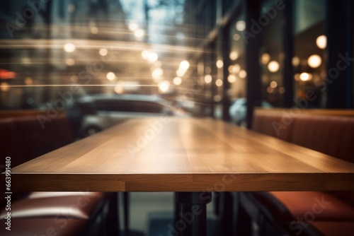 Warm toned wooden table against blurred city lights  an inviting display space with an urban evening ambiance.