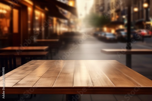 Wallpaper Mural Warm toned wooden table against blurred city lights, an inviting display space with an urban evening ambiance. Torontodigital.ca