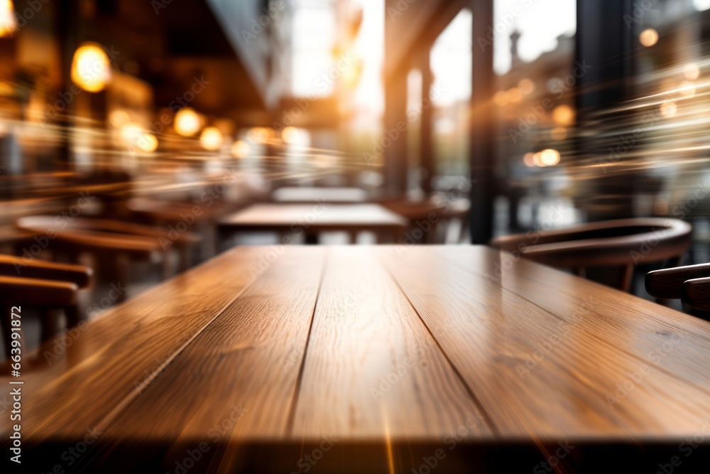 Warm toned wooden table against blurred city lights, an inviting display space with an urban evening ambiance. Warm toned wooden table against blurred city lights, an inviting display space with an urban evening ambiance.