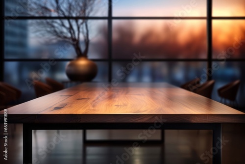 Warm toned wooden table against blurred city lights, an inviting display space with an urban evening ambiance.