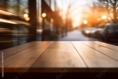 Warm toned wooden table against blurred city lights, an inviting display space with an urban evening ambiance.