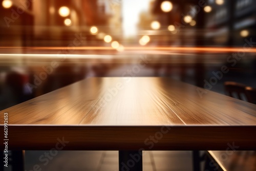 Warm toned wooden table against blurred city lights, an inviting display space with an urban evening ambiance.