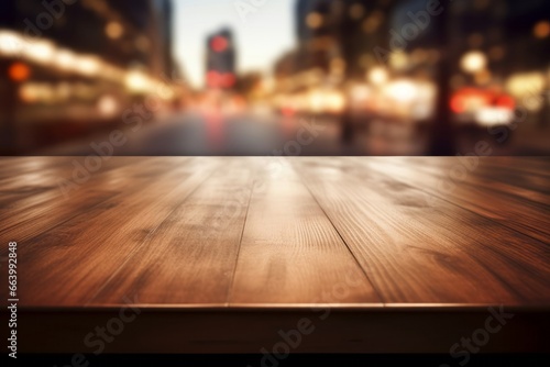 Warm toned wooden table against blurred city lights, an inviting display space with an urban evening ambiance.