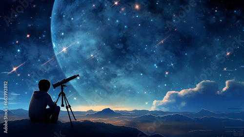 Astronomer in front of the telescope looking to the sky at night 