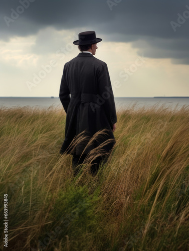 Man in coat and hat standing in tall grass field © GVS
