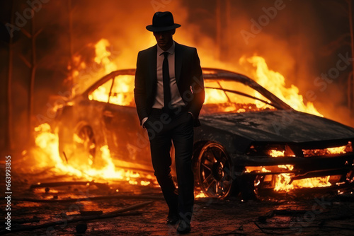 Mysterious figure walking away from a burning car at night