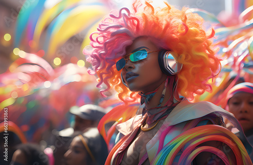 Representando juventude e diversão. Garota de cabelos coloridos em grupo diversificado e enérgico de millennials dançando com alegria e entusiasmo em um festival de música animado, com cores vivas
 photo