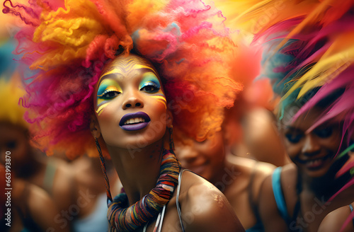 Uma linda mulher de cabelos coloridos e uma maquiagem cheia de cores se divertindo em um festival de musica photo