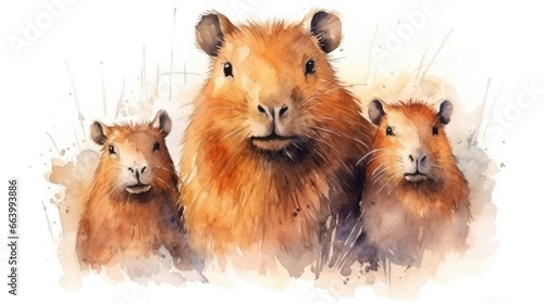 watercolor illustration capybara in Santa hat, white background photo