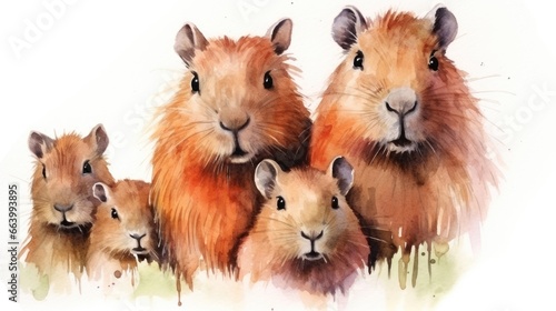 watercolor illustration of capybara family, isolated on white background
