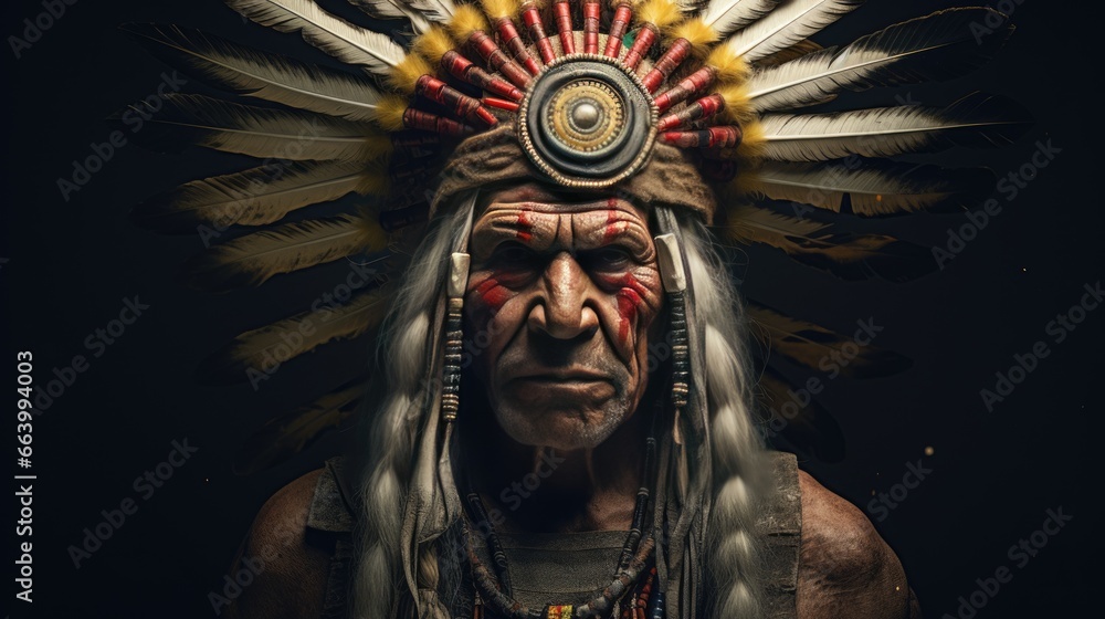 studio portrait Indians old chief isolated on black background.American Indian in full headdress. studio portrait Indians old chief isolated on black background.American Indian in full headdress.