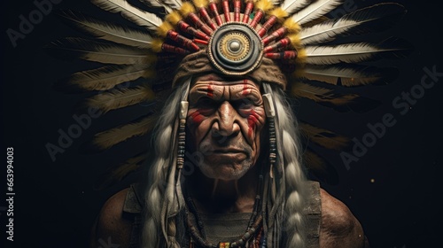 studio portrait Indians old chief isolated on black background.American Indian in full headdress.