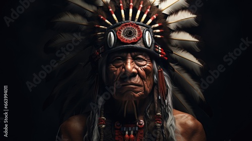 studio portrait Indians old chief isolated on black background.American Indian in full headdress. photo