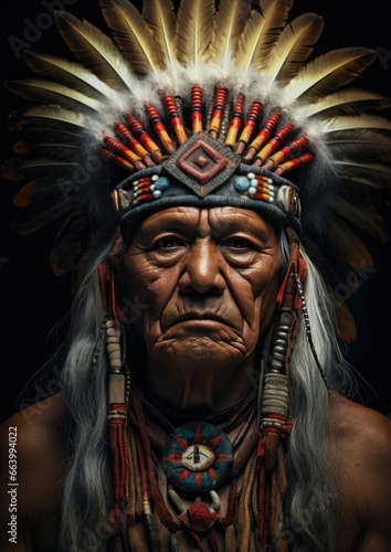 studio portrait Indians old chief isolated on black background.American Indian in full headdress.