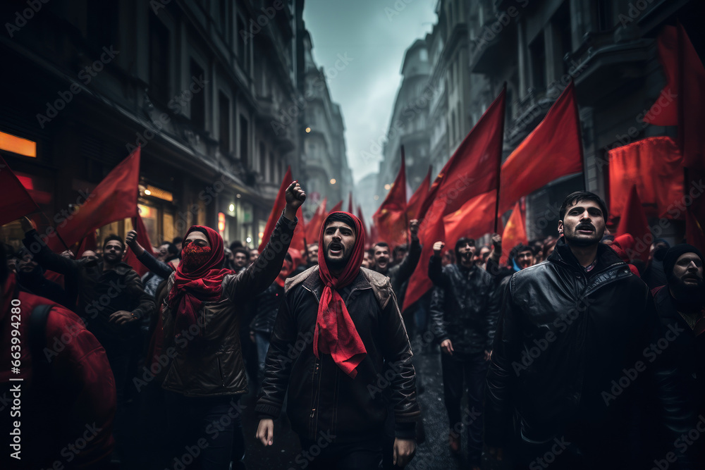 Group of people marching in a protest with red flags