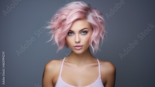 Portrait of a young woman looking at the camera with delicate makeup, perfect skin and short pink hair isolated on a gray background with copy space