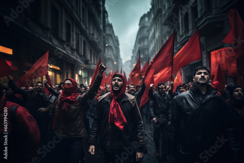 Group of people marching in a protest with red flags