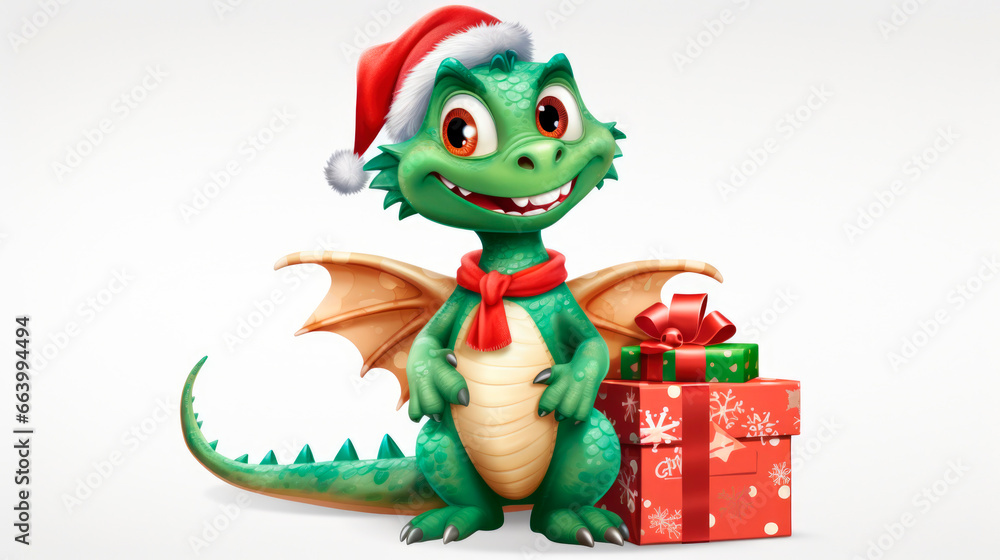 Naklejka premium Cartoon green dragon in red Santa hat with New Year gifts isolated on white background, flat illustration with copy space, Christmas background 2024, Chinese calendar concept
