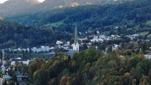 sunset time zurich adliswil town hill side church spire aerial panorama 4k switzerland photo