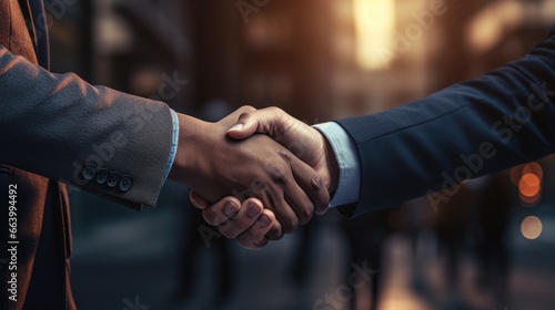  Handshake of successful men with dark and light skin partners, blurred horizontal background of a business center, joint projects negotiations deal teamwork
