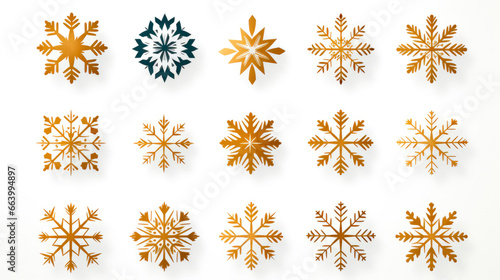  Collection set of golden snowflakes icons on a white background for winter holidays decoration. Christmas and New Year, vector illustration.