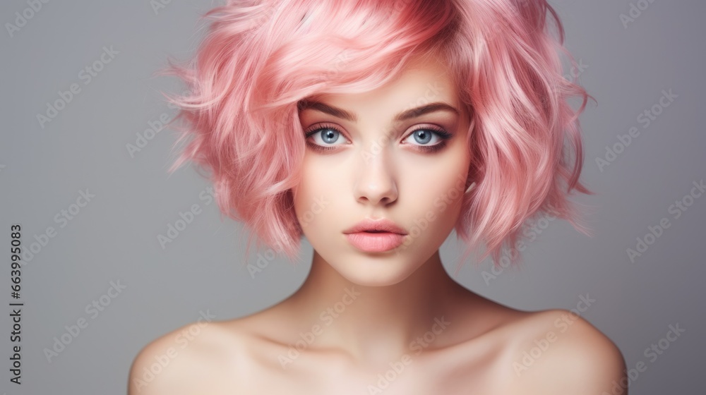 
Close-up portrait of a young girl looking at the camera with doll makeup and short pink hair isolated on a gray background