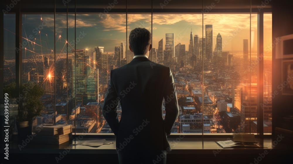 Fototapeta premium Businessman looking at the city from the window of a skyscraper of the city at sunset, view from the back