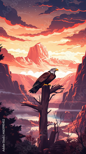 White-headed eagle in a large canyon at sunset. AI Generated