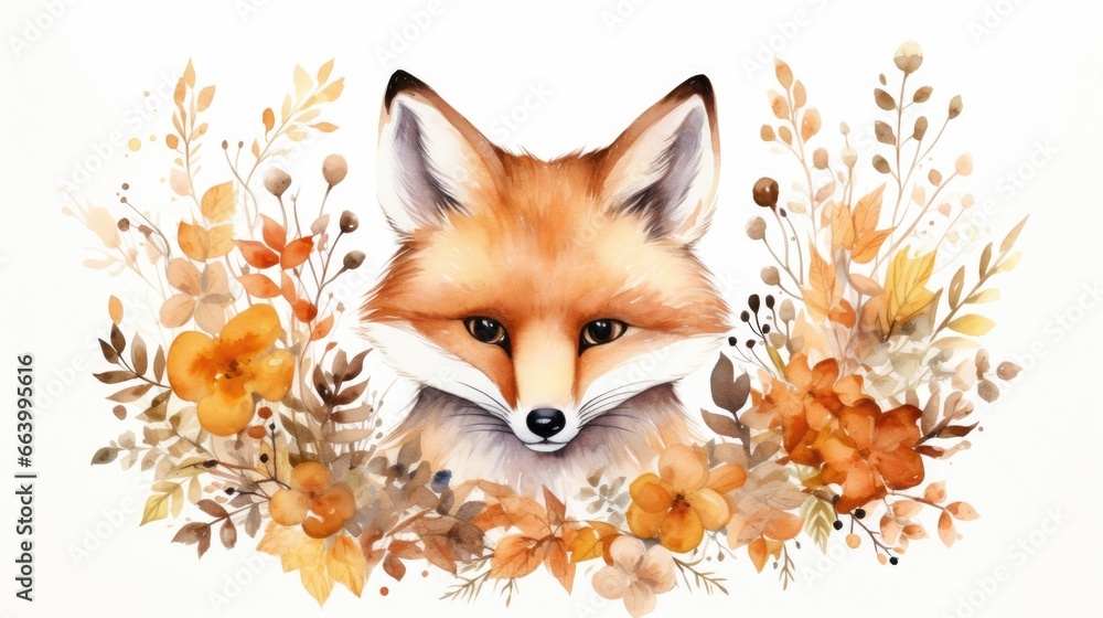 Obraz premium watercolor little fox in flower bouquet, baby cute animal fox.Childish clipart for nursery.