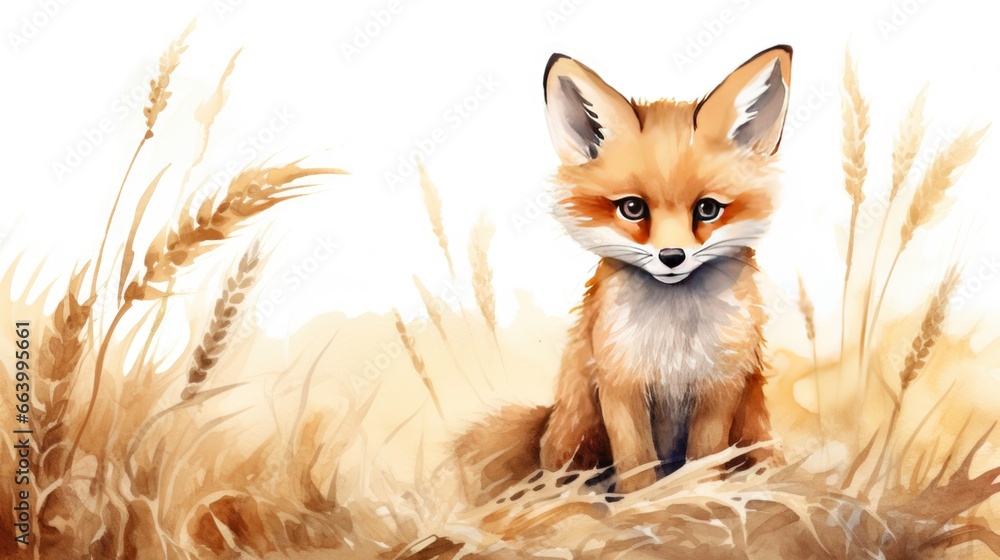 Obraz premium watercolor little fox in flower bouquet, baby cute animal fox.Childish clipart for nursery.