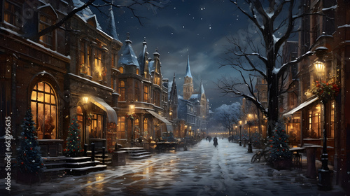 christmas night street with lanterns and snow