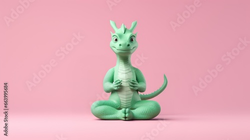 cute green dragon sit in Lotus pose, pink background © Maryna