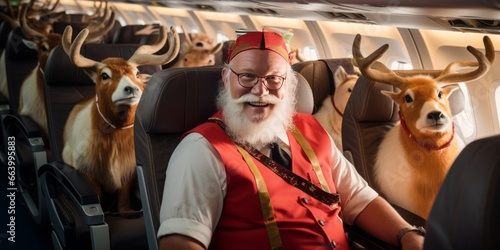 Santa Claus Enjoys a Grin with His Reindeer Companions, Aboard a Vacation-Ready Airline Stewardess's Plane, Amid the Winter and Christmas Holidays, Exploring Long-Distance Travel Adventures photo