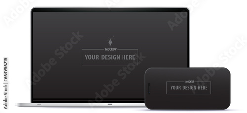 Laptop computer and mobile phone with black 16:9 aspect ratio screens. Blank digital devices vector mockup designs isolated on white background.