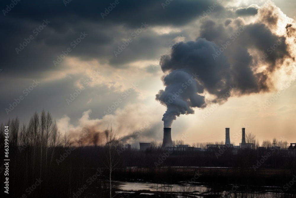 Landscape of polluting metallurgical production with smoking chimneys, representing global warming. Generative AI