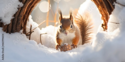  A Close-Up of a Squirrel Busy Burying Acorns in the Snow, Nature's Preparation for the Chilly Season photo
