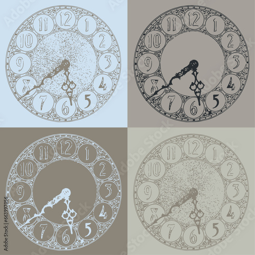 Vintage illustration of an ornate, antique clock face with serif numbers, on 4 color squares with retro color palette of gray, beige, tan, blue