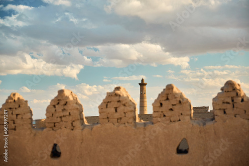 Minaret and City walls in Khiva Uzbekistan