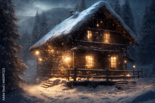 old wooden house decorated with Christmas lights in winter forest, snow covered trees and mountains, cloudy sky at night, blizzard © soleg